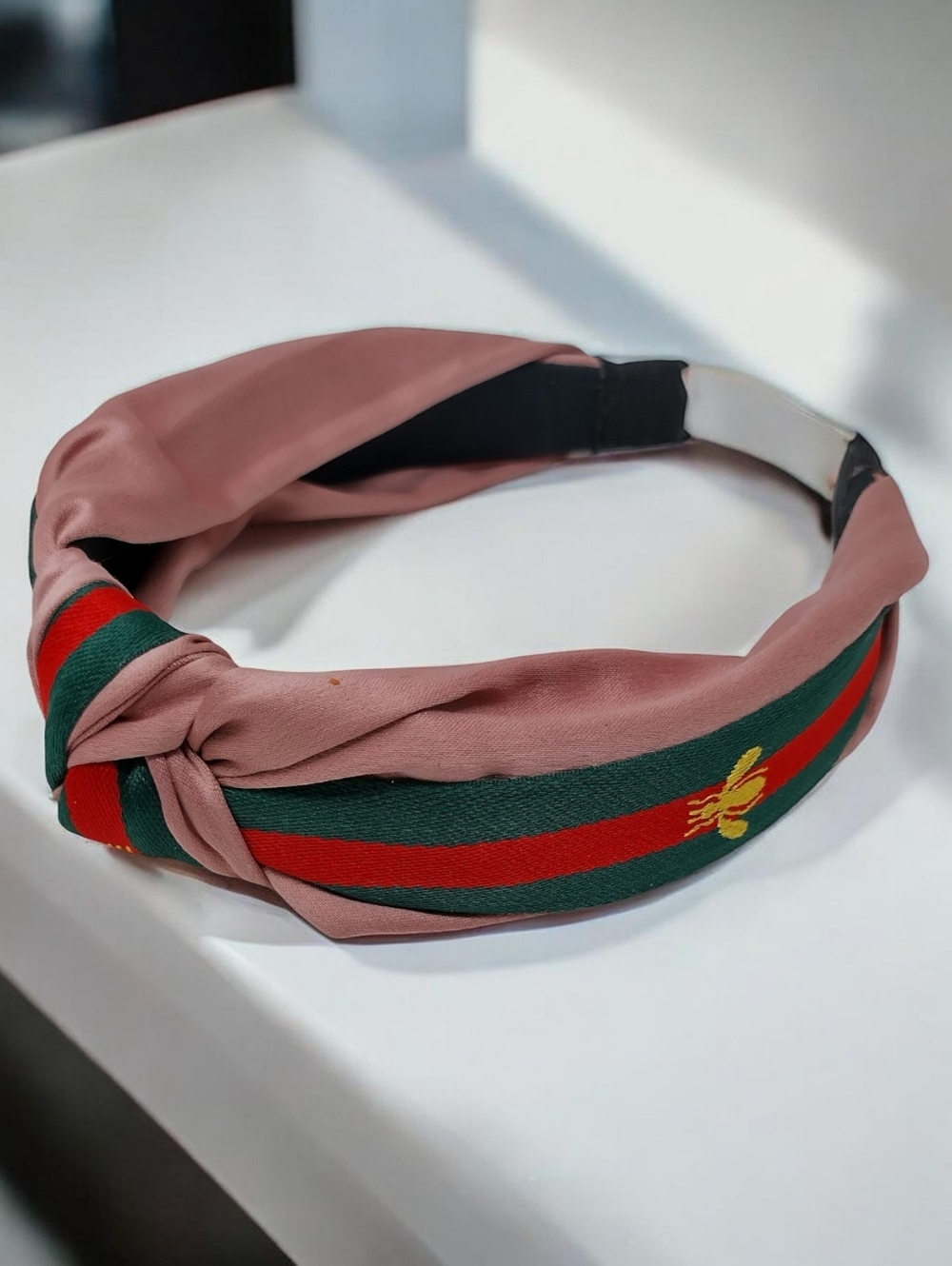 Luxe Satin Pink Knotted Stripe Headband with Embroidered Bee